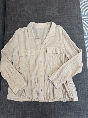 Linen Blend Peplum Button Front Utility Blouse Beige Oatmeal Large